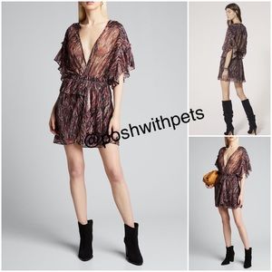 IRO NWT Buoux Metallic Print Ruffle V Neck Mini A Line Dress Black Fushia 38 New